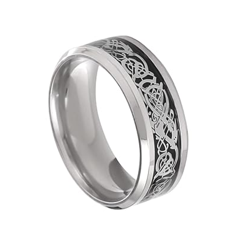 Rings for Men Dragon Celtic Inlay Polish Finish Silver Base Titanium Steel Ring for Men and Boys