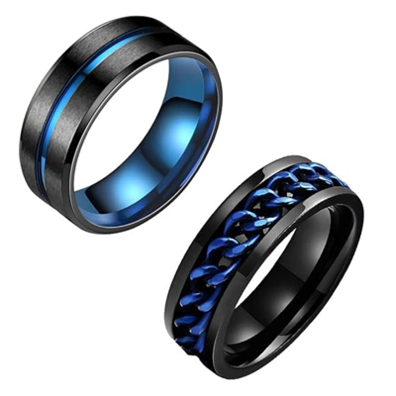 Rings for Men Combo of 2 Pcs Rings Stainless Steel Blue Black Band Finger Ring