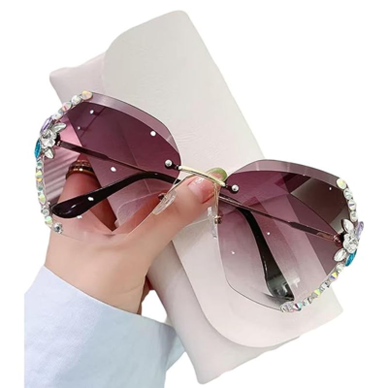 Sunglasses for Women – UV400 Protection, Rimless Flower Diamond-Cut Lens, Trendy Driving Shades for Women (Oversized)