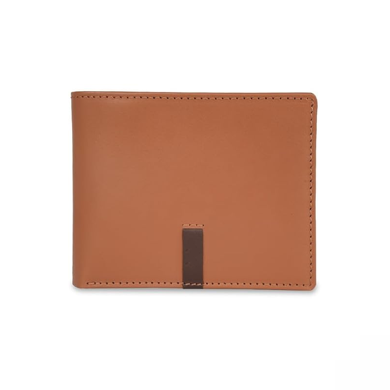 Benetton Men RFID Protected Derwent Slimfold Wallet - Tan+Brown, No. of Card Slot: 8 | Tape Inlayed Slimfold Wallet with Side Closure | Leather
