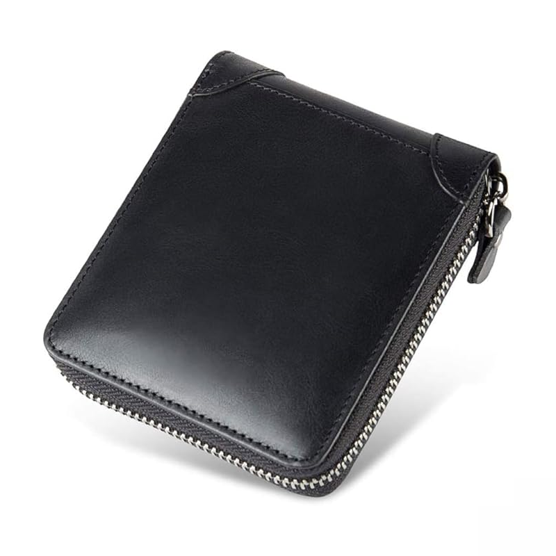 Mens Genuine Leather Zipper Wallet RFID Secure Large Capacity Double Fold Multi-Card Leather Wallets for Men and Coin Purse (Black)