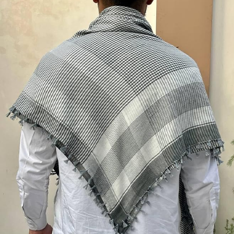 Keffiyeh Checkered Scarf, Grey and White, Tassel Detail, Unisex Arab Shemagh Wrap