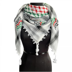 Palestine Keffiyeh Arafat Scarf, White and Grey with Embroidered Pattern, Red and Green Indian Accents, Tasseled Edges