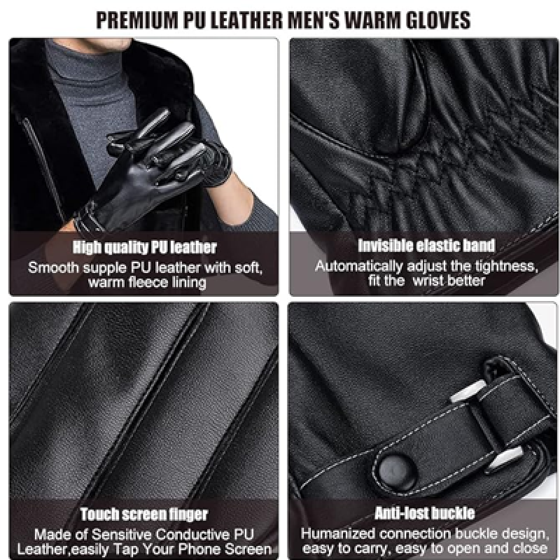 Winter Gloves for Men, PU Leather Fleece Warm Lining Gloves for Riding