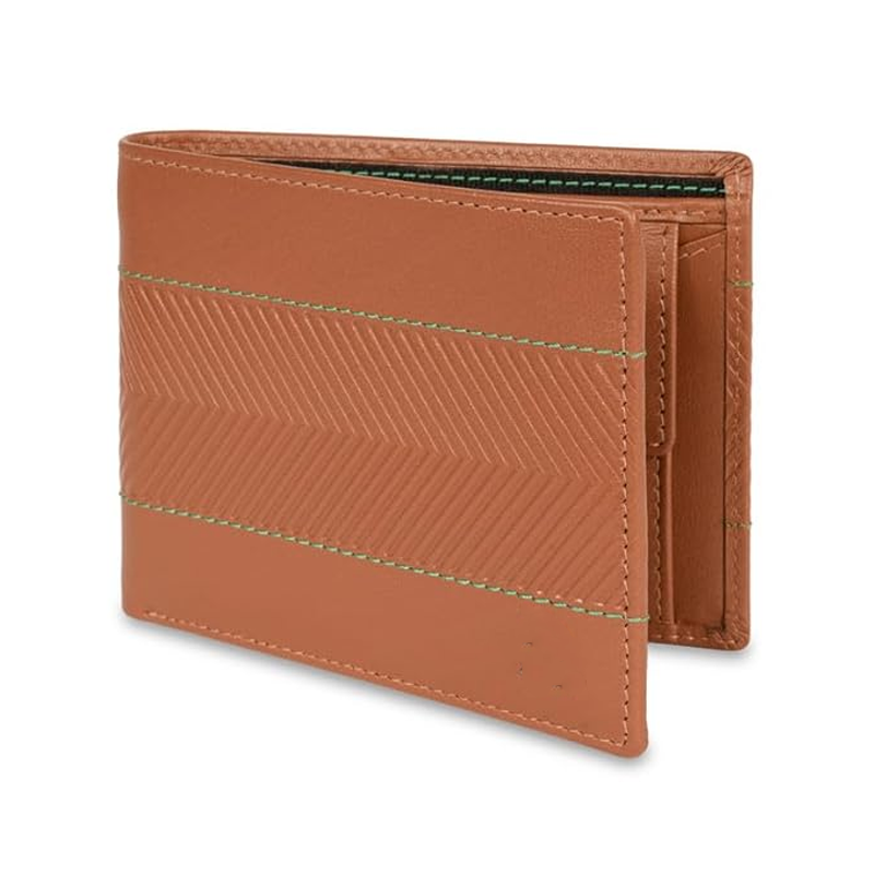 Benetton Men RFID Protected Locarno Global Coin Wallet - Tan, No. of Card Slot: 4 | Embossed Global Coin Wallet with Side Closure | Leather