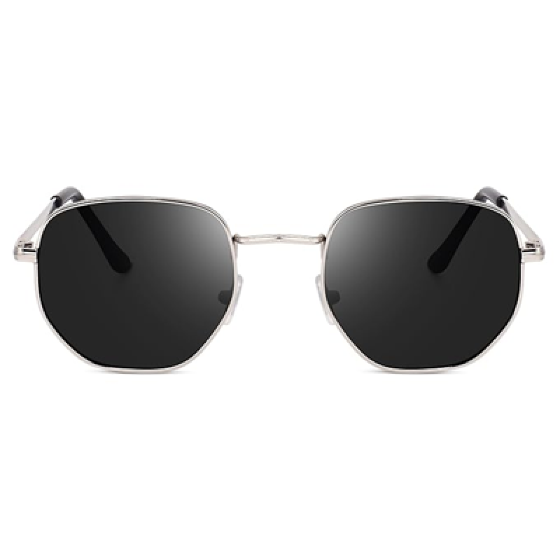 UV Protected Hexagonal Sunglasses for Men and Women (Silver-Black)