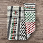 Palestine Keffiyeh Arafat Scarf, White and Grey with Embroidered Pattern, Red and Green Indian Accents, Tasseled Edges