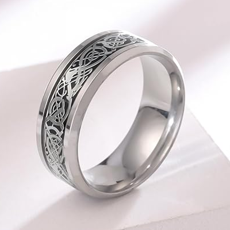 Rings for Men Dragon Celtic Inlay Polish Finish Silver Base Titanium Steel Ring for Men and Boys