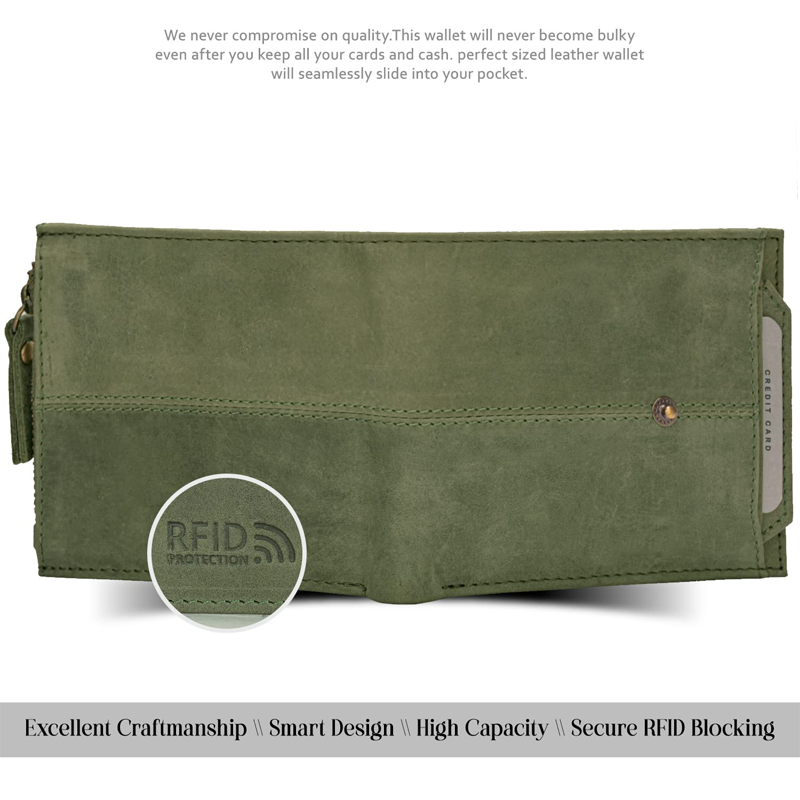 Olive Green Leather Wallet For Men, 2 Card Slot | RFID Wallet