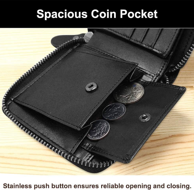 Mens Genuine Leather Zipper Wallet RFID Secure Large Capacity Double Fold Multi-Card Leather Wallets for Men and Coin Purse (Black)