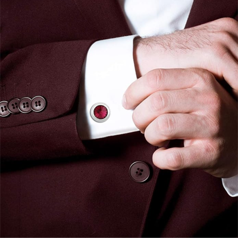 Rhodium Plated Maroon Solitaire Crystal Cufflink for Mens and Boys