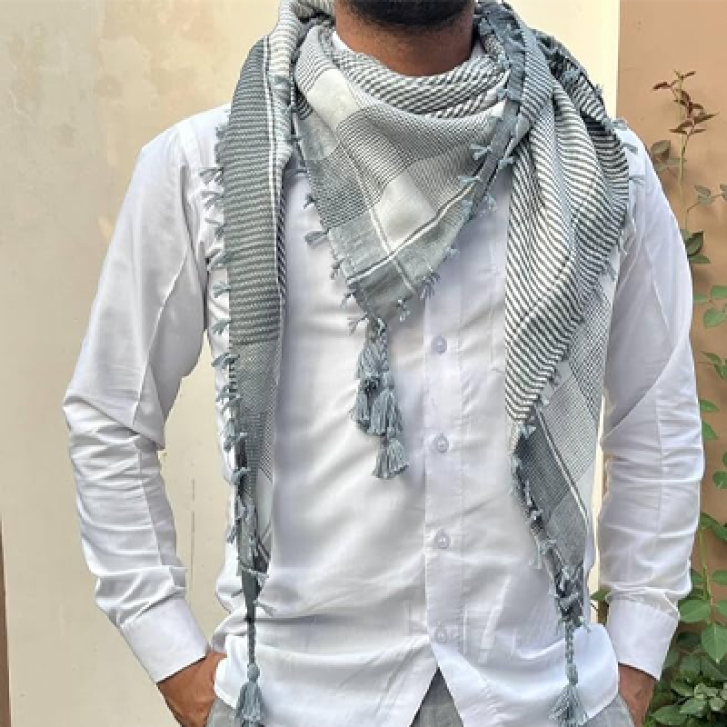 Keffiyeh Checkered Scarf, Grey and White, Tassel Detail, Unisex Arab Shemagh Wrap