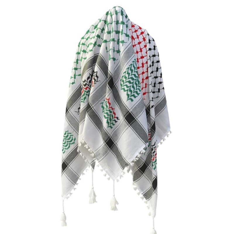 Palestine Keffiyeh Arafat Scarf, White and Grey with Embroidered Pattern, Red and Green Indian Accents, Tasseled Edges