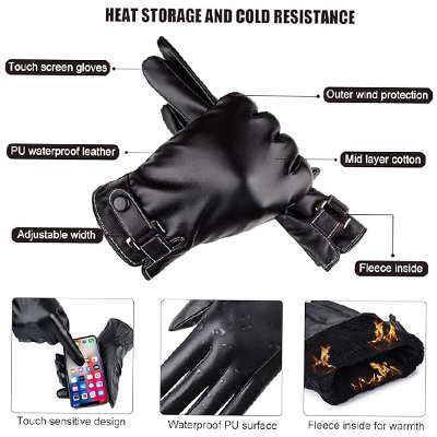 Winter Gloves for Men, PU Leather Fleece Warm Lining Gloves for Riding