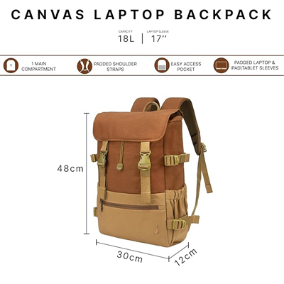 Canyon 18L Premium Canvas Laptop Backpack|Water-Resistant Fashionable Travel, Office