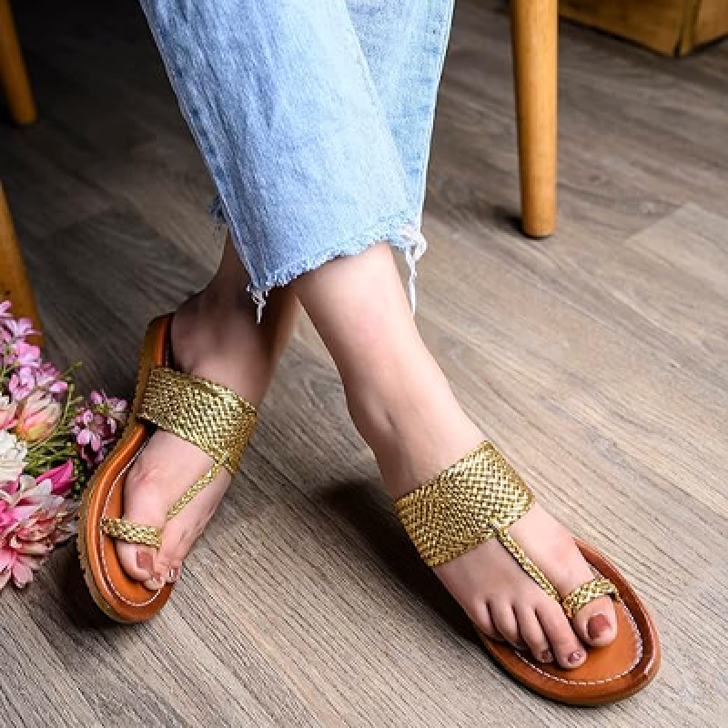 Women’s Kolhapuri Flats – Handwoven Bunai Sandals with Toe Loop