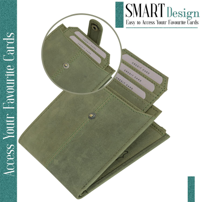 Olive Green Leather Wallet For Men, 2 Card Slot | RFID Wallet