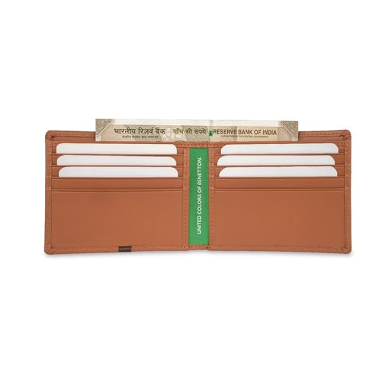 Benetton Men RFID Protected Derwent Slimfold Wallet - Tan+Brown, No. of Card Slot: 8 | Tape Inlayed Slimfold Wallet with Side Closure | Leather