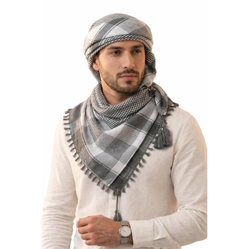 Keffiyeh Checkered Scarf, Grey and White, Tassel Detail, Unisex Arab Shemagh Wrap