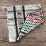 Palestine Keffiyeh Arafat Scarf, White and Grey with Embroidered Pattern, Red and Green Indian Accents, Tasseled Edges