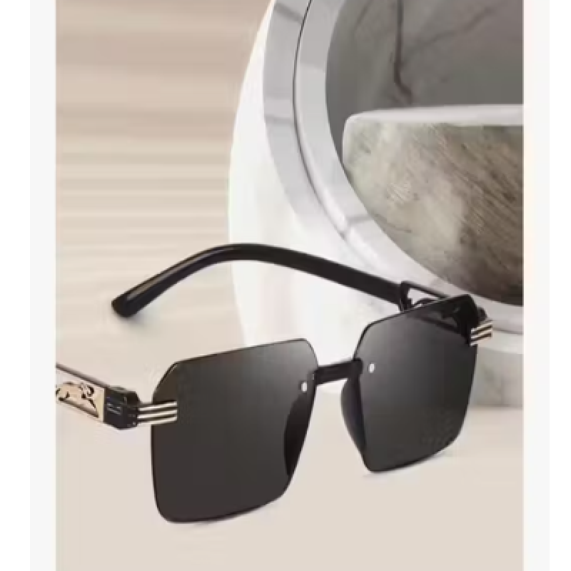 Stylish Frameless Square Sunglasses for Men | UV Protected Black Lens | Lightweight Frame