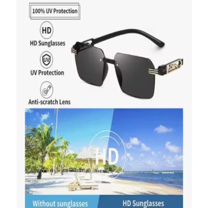 Stylish Frameless Square Sunglasses for Men | UV Protected Black Lens | Lightweight Frame