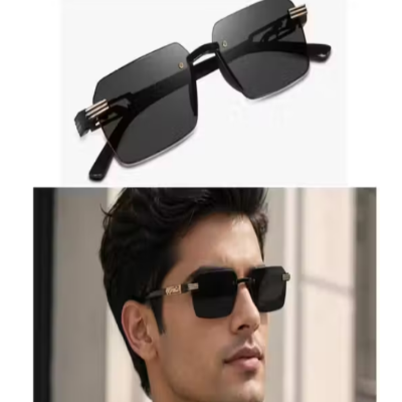 Stylish Frameless Square Sunglasses for Men | UV Protected Black Lens | Lightweight Frame