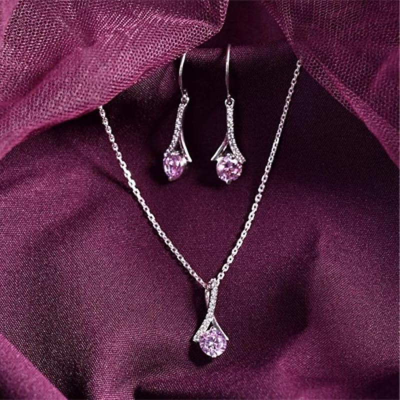 925 Sterling Silver Pink Solitaire Pendant Earring Chain Bracelet Ring Jewellery Set