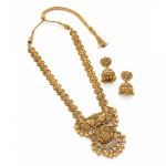 South Indian Traditional Antique Matte Gold Finish Goddess Lakshmi & Peacock Motif Long Necklace Set with Jhumka Earrings for Women