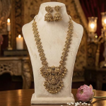 South Indian Traditional Antique Matte Gold Finish Goddess Lakshmi & Peacock Motif Long Necklace Set with Jhumka Earrings for Women