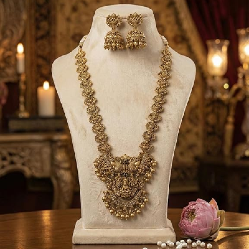 South Indian Traditional Antique Matte Gold Finish Goddess Lakshmi & Peacock Motif Long Necklace Set with Jhumka Earrings for Women