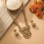 South Indian Traditional Antique Matte Gold Finish Goddess Lakshmi & Peacock Motif Long Necklace Set with Jhumka Earrings for Women