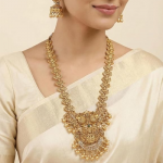 South Indian Traditional Antique Matte Gold Finish Goddess Lakshmi & Peacock Motif Long Necklace Set with Jhumka Earrings for Women