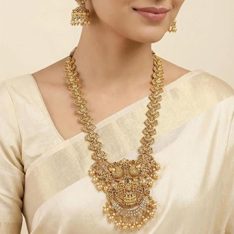 South Indian Traditional Antique Matte Gold Finish Goddess Lakshmi & Peacock Motif Long Necklace Set with Jhumka Earrings for Women