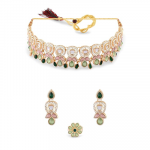 Green Pink Stones Austrian Diamonds Embellished Choker Necklace Earring & Ring Set For Women