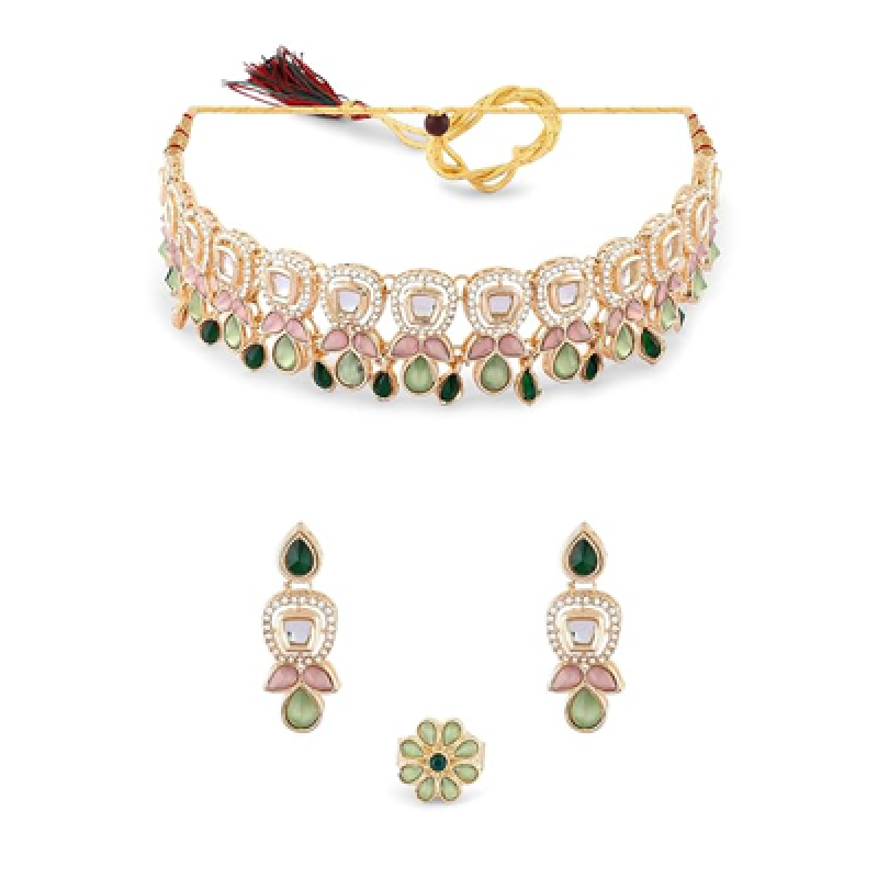 Green Pink Stones Austrian Diamonds Embellished Choker Necklace Earring & Ring Set For Women