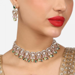 Green Pink Stones Austrian Diamonds Embellished Choker Necklace Earring & Ring Set For Women