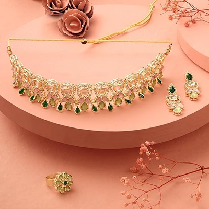 Green Pink Stones Austrian Diamonds Embellished Choker Necklace Earring & Ring Set For Women
