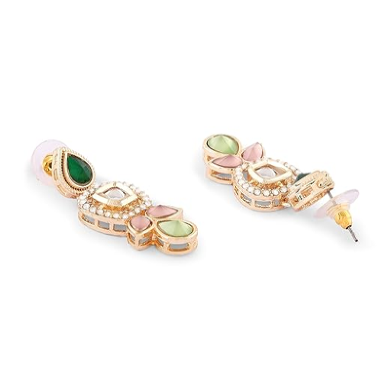 Green Pink Stones Austrian Diamonds Embellished Choker Necklace Earring & Ring Set For Women