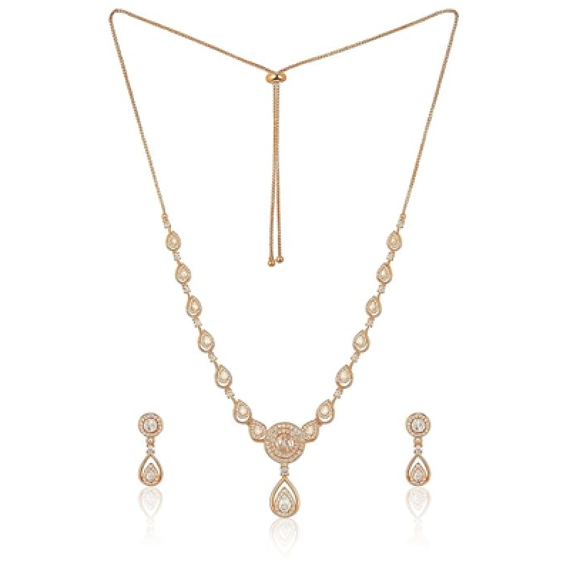 Stylish 18k Rose Gold Plated American Diamond Chain Pendent Necklace & Earrings Set for Women