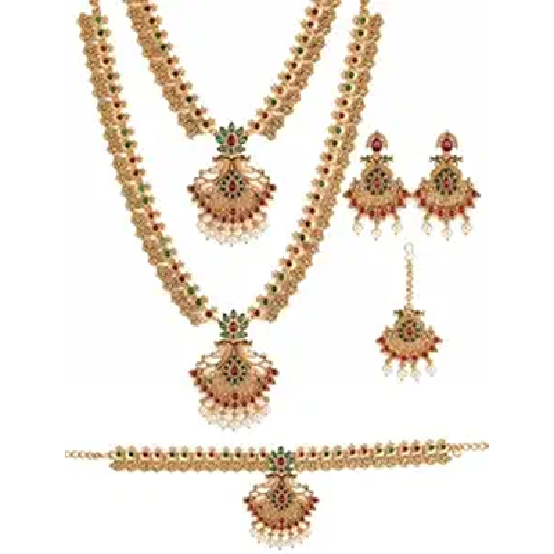 Long & Short Necklace Jewellery Set for Women with Maang Tikka and Kamarband