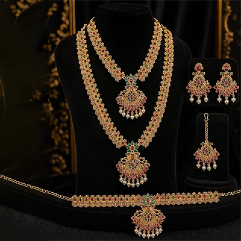 Long & Short Necklace Jewellery Set for Women with Maang Tikka and Kamarband