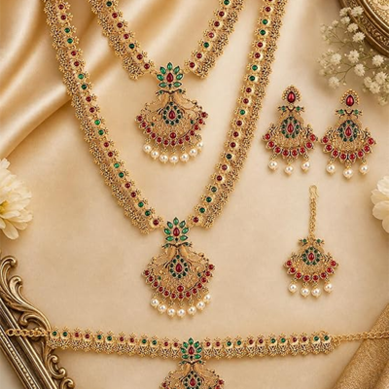 Long & Short Necklace Jewellery Set for Women with Maang Tikka and Kamarband