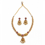 Traditional Antique Matte Gold Plated Temple Jewelry Necklace and Earring Set featuring Goddess Lakshmi and Elephant Motifs adorned with Ruby and Gree