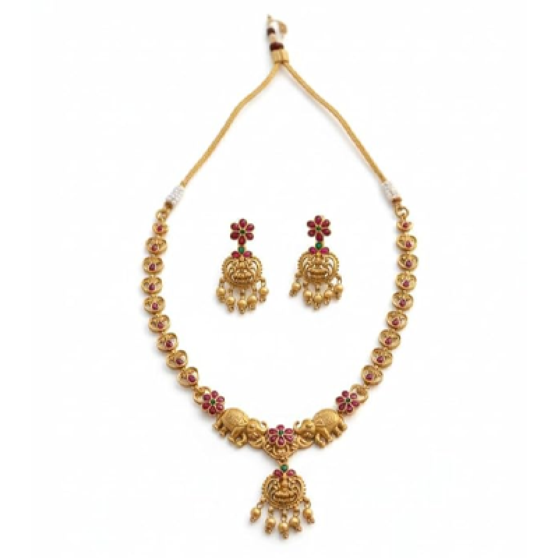 Traditional Antique Matte Gold Plated Temple Jewelry Necklace and Earring Set featuring Goddess Lakshmi and Elephant Motifs adorned with Ruby and Gree