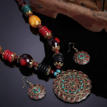 Latest Stylish Traditional Tibetan Pendant Necklace Jewellery Set for Women