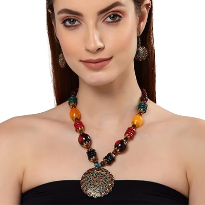 Latest Stylish Traditional Tibetan Pendant Necklace Jewellery Set for Women