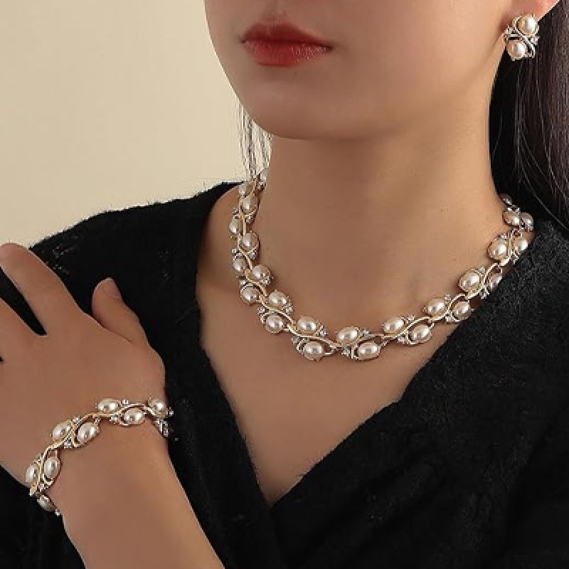 Latest Stylish Design Fancy Pearl Bracelet Earrings Necklace Jewellery Set for Women