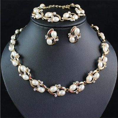 Latest Stylish Design Fancy Pearl Bracelet Earrings Necklace Jewellery Set for Women