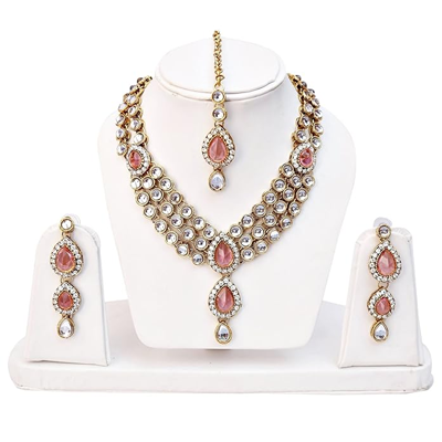 Latest Stylish 18k Gold Plated Traditional Kundan Necklace Jewellery Set for Women